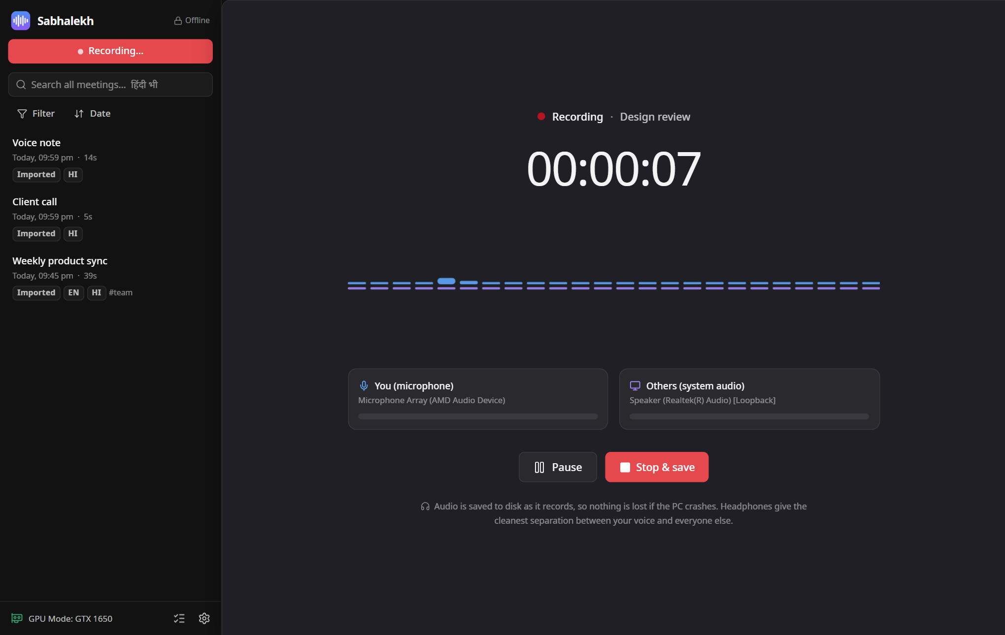 Recording screen with separate meters for your microphone and the other participants