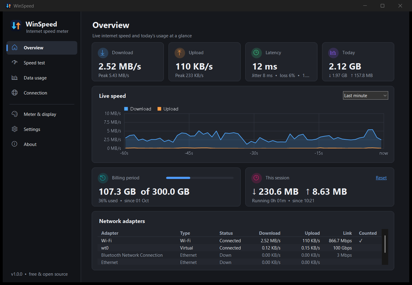 WinSpeed overview window in dark mode